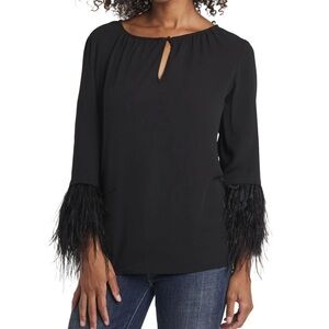 Vince Camuto Black Feathered Sleeve Blouse